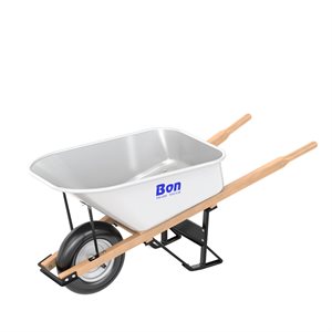 STEEL TRAY WHEELBARROW WITH LEG STABILIZER - 6 CU FT - SINGLE RIBBED TIRE - WOOD HANDLE
